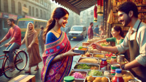 A woman in traditional attire buying food from a street vendor.