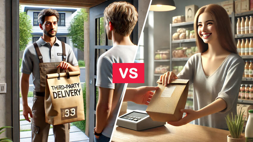 The image compares delivery vs. pickup: a driver delivers a "Third-Party Delivery" package, while a store clerk hands a fresh package to a client.