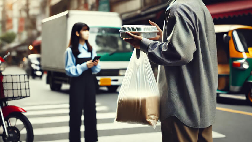 Food delivery on busy street.