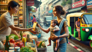 A mother with a baby shopping at a market
