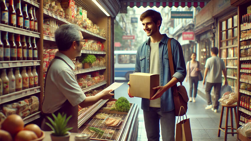 A man holding a box and smiling at a store