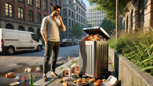 a man standing on a city sidewalk, appearing thoughtful as he looks at a trash bin overflowing with discarded food and packaging