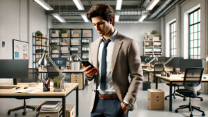 A professional in a modern office looks at his phone, suggesting careful consideration before making an important decision.