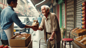 Market vendor handing a bag.