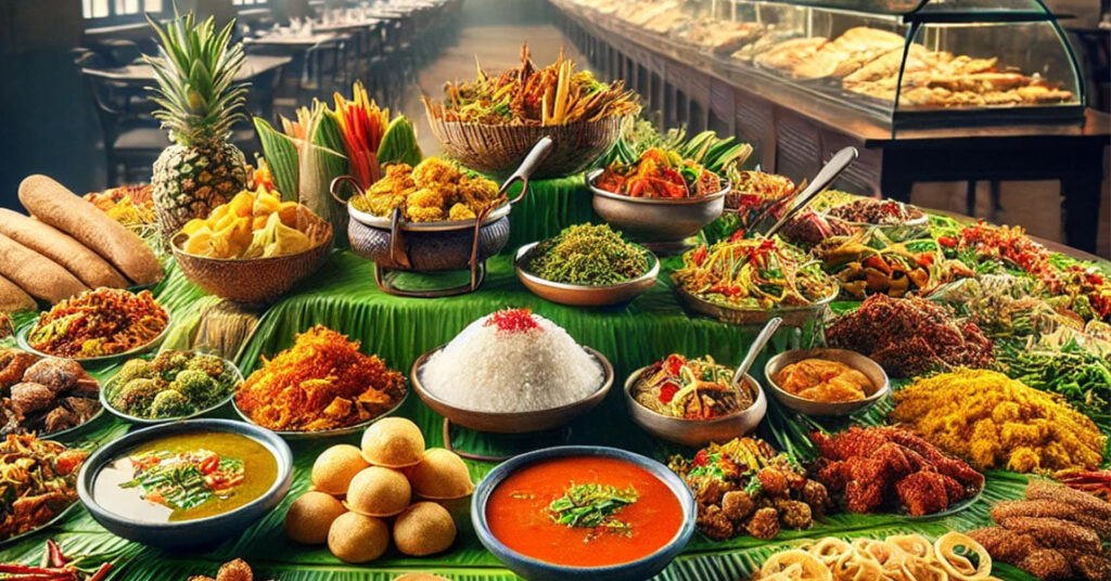 Vibrant Sri Lankan buffet with an array of traditional dishes, curries, and fresh ingredients displayed on banana leaves, creating a colorful and inviting feast.