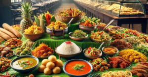 Vibrant Sri Lankan buffet with an array of traditional dishes, curries, and fresh ingredients displayed on banana leaves, creating a colorful and inviting feast.