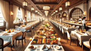 Elegant banquet hall with long tables, fine dining setup, and a lavish buffet spread, attended by waitstaff in a warm, refined ambiance
