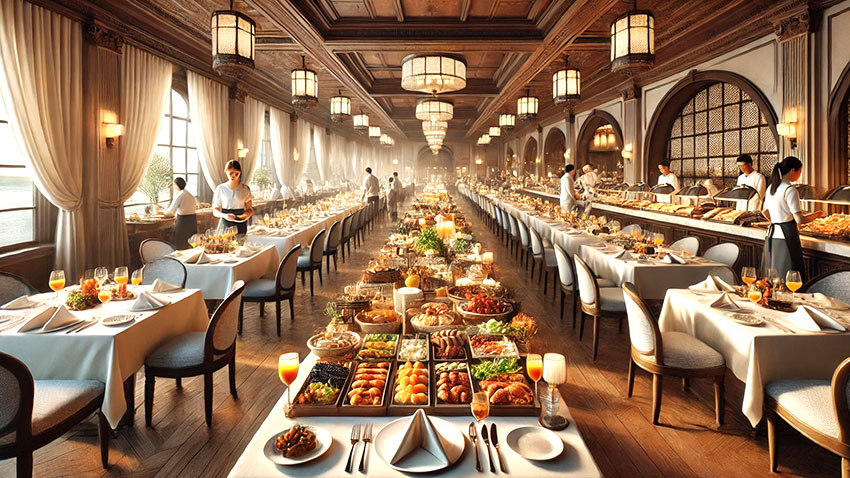 Elegant banquet hall with long tables, fine dining setup, and a lavish buffet spread, attended by waitstaff in a warm, refined ambiance