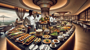 Luxurious buffet restaurant with chefs in white uniforms attending to an elegant spread of gourmet dishes, set in a warm, ambient dining space with scenic views