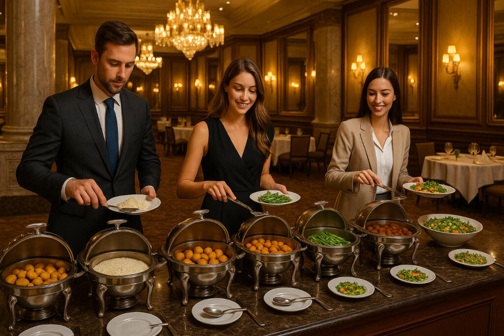Three well-dressed guests serve themselves from a grand buffet in a luxurious 5-star hotel dining room, surrounded by chandeliers, marble columns, and elegant décor.