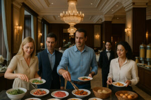 Guests serving themselves from an elegant buffet in a luxurious five-star hotel dining room, featuring grand chandeliers, ornate ceilings, tall windows, and a formally dressed waiter standing nearby