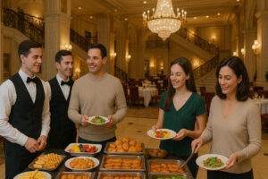 A luxurious buffet setup in a grand hotel dining hall featuring two waiters in formal attire assisting three well-dressed guests. The marble-floor venue includes elegant chandeliers, ornate columns, and a sweeping staircase. The buffet table is filled with assorted pastries, fruits, and salads as the guests serve themselves with smiles.