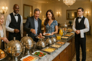 A luxurious hotel breakfast buffet scene featuring elegantly dressed guests serving themselves from a marble counter lined with silver chafing dishes and trays of fresh food. Two waiters in black vests and bow ties stand nearby, attending to the guests. The setting includes ornate wall sconces, gold-framed mirrors, and a crystal chandelier, emphasizing the five-star ambiance.