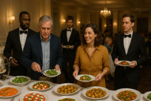 sophisticated buffet setting in a luxurious dining hall. Guests, including a man in a navy blazer and a woman in a mustard dress, are serving themselves from a table filled with assorted dishes like potatoes, caprese salad, and greens. Three waiters in black tuxedos attend to the diners. The ambiance is warm with chandelier lighting and elegant decor, creating a refined, realistic atmosphere.