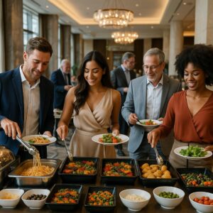 The picture shows a luxurious buffet setup in a five-star hotel. Four elegantly dressed people stand at the buffet table, smiling as they serve themselves. The buffet spread includes a variety of colorful dishes—pasta, fried items, fresh vegetables, olives, and salads—arranged neatly in polished trays and bowls. The ambiance is upscale, with chandeliers, marble columns, and soft natural light enhancing the warm, inviting atmosphere. The guests look relaxed and social, embodying the experience of fine dining in a sophisticated setting.