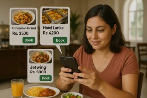 A South Asian woman in a rust-colored T-shirt sits at a buffet-style restaurant, smiling while browsing her smartphone. Floating digital bubbles above the phone display buffet options from Cinnamon Grand, Galle Face Hotel, and Heritance, with prices above Rs. 5500. On the table in front of her are a plate of rice with chicken curry, a salad bowl, and a glass of orange juice. The restaurant setting in the background has warm natural lighting.